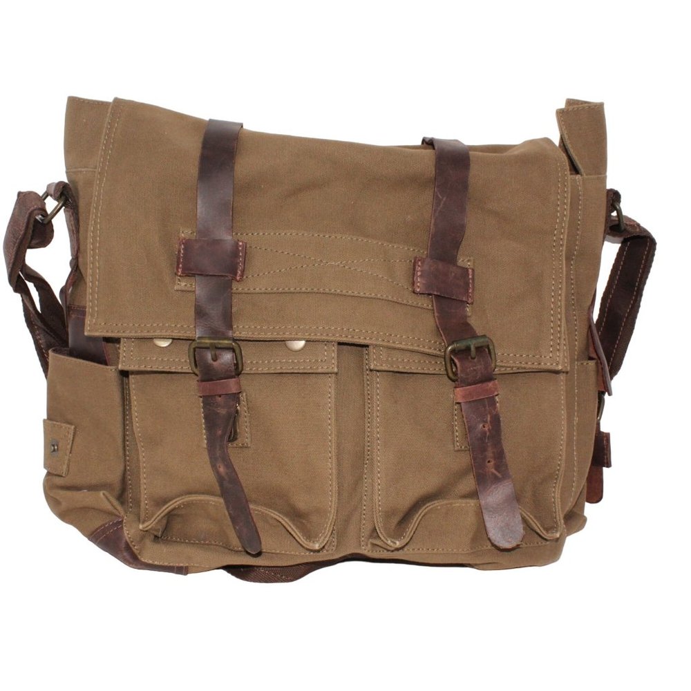 Berchirly Green Brown Canvas Messenger Bag Laptop Lined Buckle Snap Closure